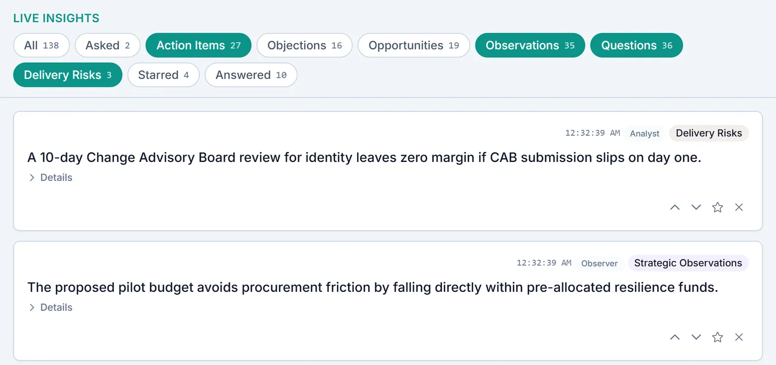 Live Insights with the Action Items, Observations, Questions and Delivery Risks chips selected. The top card, badged Delivery Risks, reads: A 10-day Change Advisory Board review for identity leaves zero margin if CAB submission slips on day one. The next, badged Strategic Observations, reads: The proposed pilot budget avoids procurement friction by falling directly within pre-allocated resilience funds.