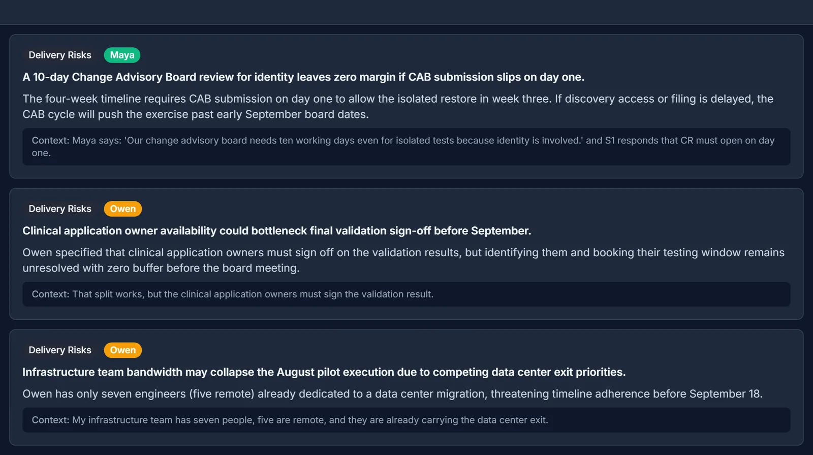 Post-call Insights tab with a Delivery Risks section.