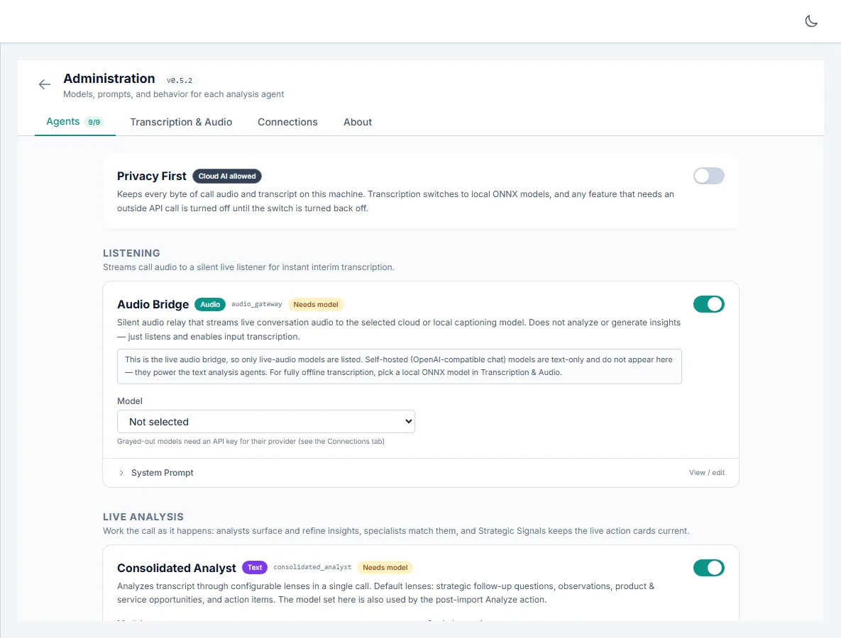 Admin Agents tab: the Privacy First toggle above the agent lineup, each agent showing its type, slug, model selector, and system prompt control.