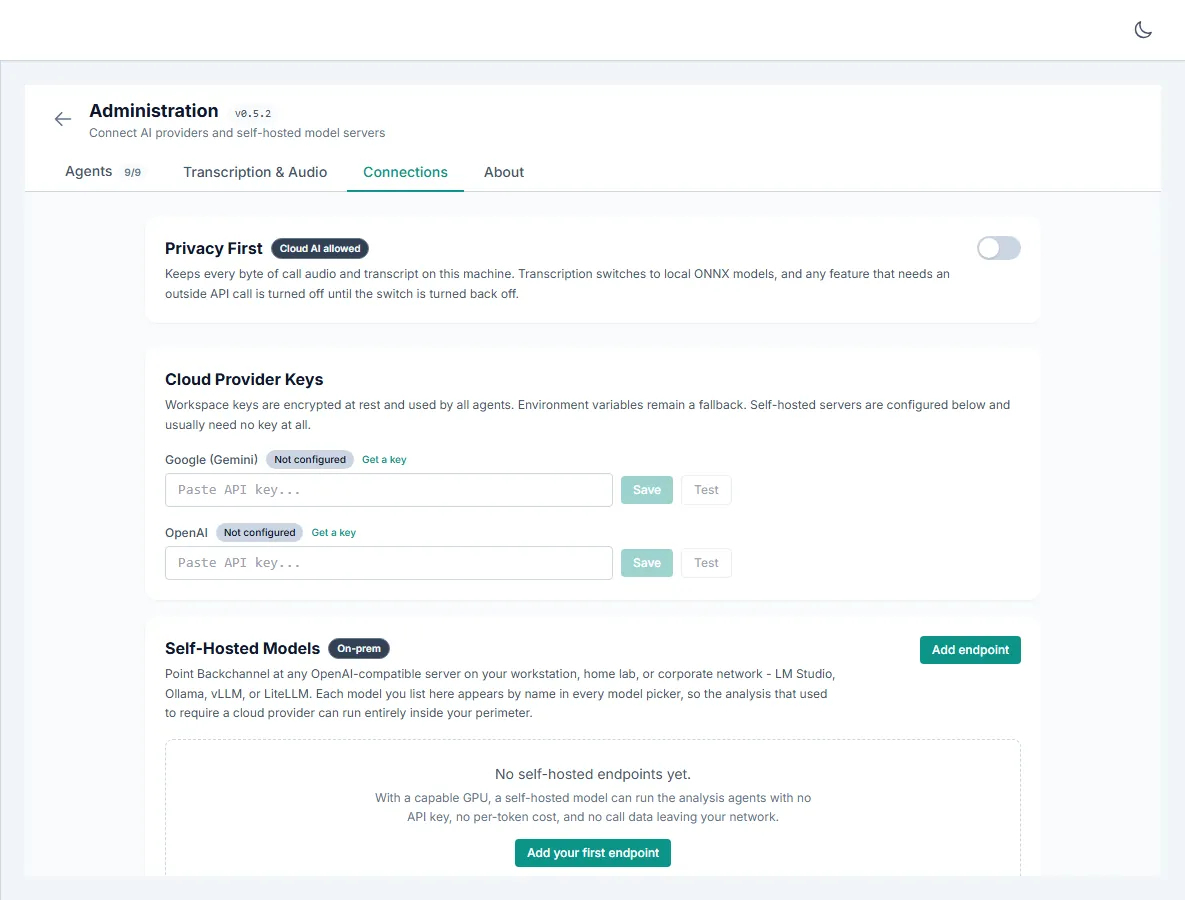 Admin Connections tab: per-provider credential entry with stored-key status and a connection test.
