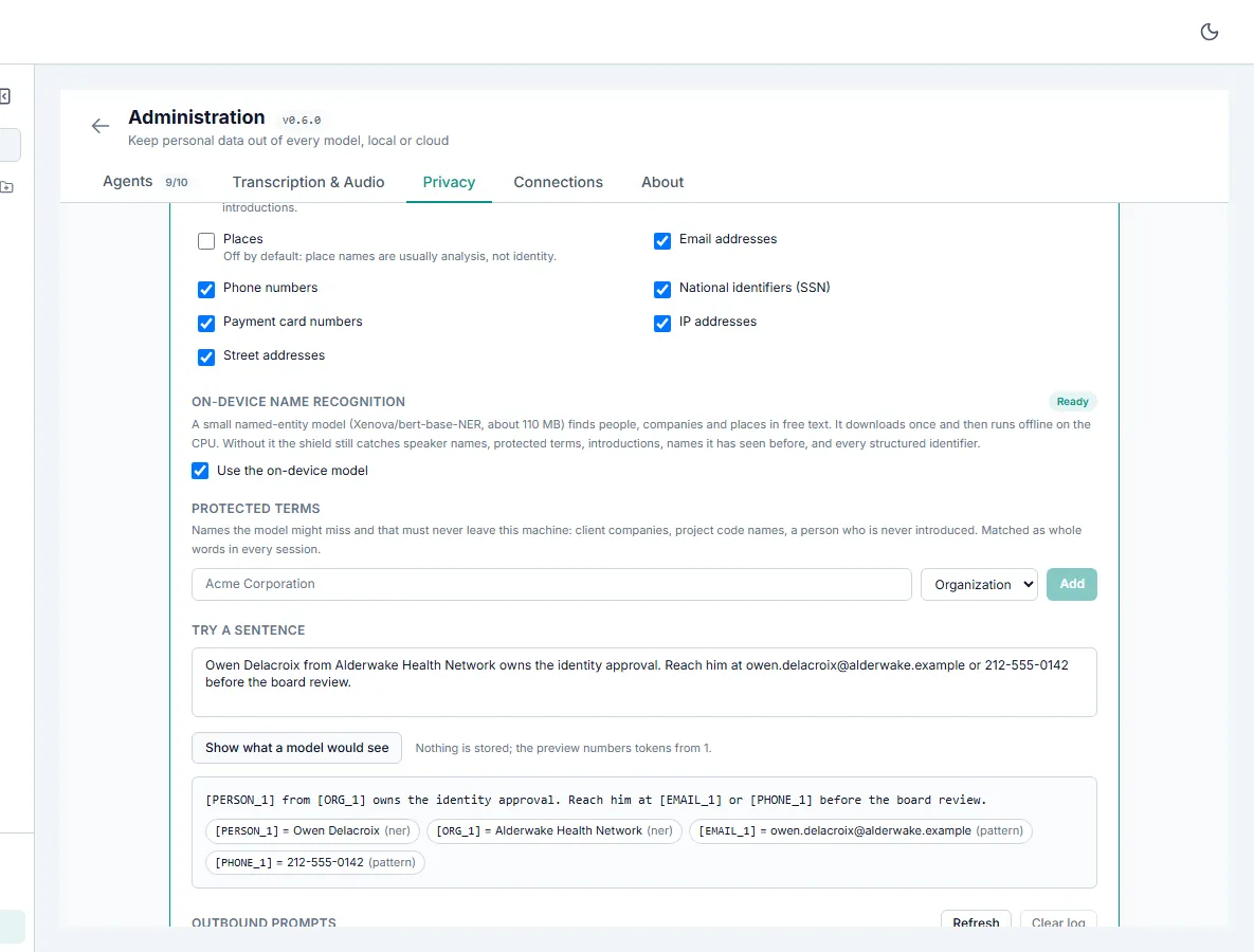 The Privacy tab in full: category checkboxes with Places unticked and the others on; an On-device name recognition block marked Ready with the model named as Xenova/bert-base-NER, about 110 MB; a Protected terms field with an Organization type selector and Add button; and the Try a sentence box with its tokenized result and legend below it.