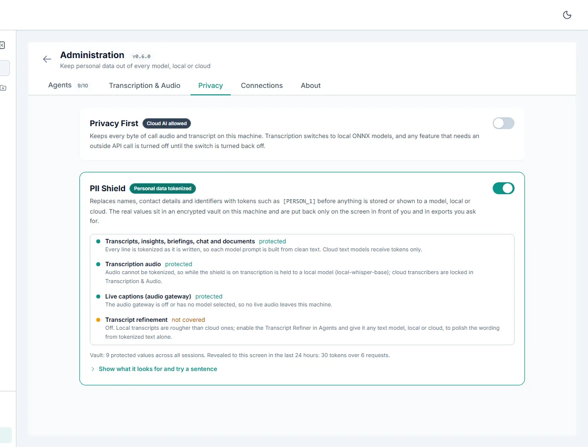 Admin Privacy tab with the PII Shield on, badged Personal data tokenized. Four coverage rows: transcripts, insights, briefings, chat and documents protected; transcription audio protected, held to a local model; live captions protected; transcript refinement not covered because the refiner is off. Below them: Vault, 9 protected values across all sessions.