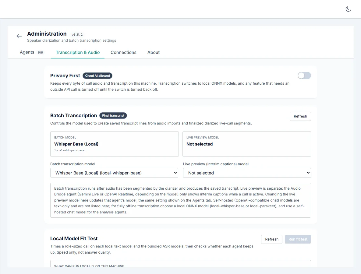 Admin Transcription and Audio tab: batch transcription model selection and audio handling settings.