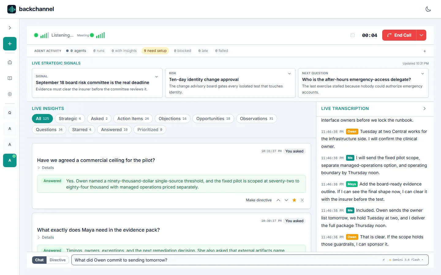 A live call with two answered mid-call questions pinned at the top of the insight feed and a third being typed into the ask bar at the bottom of the screen.