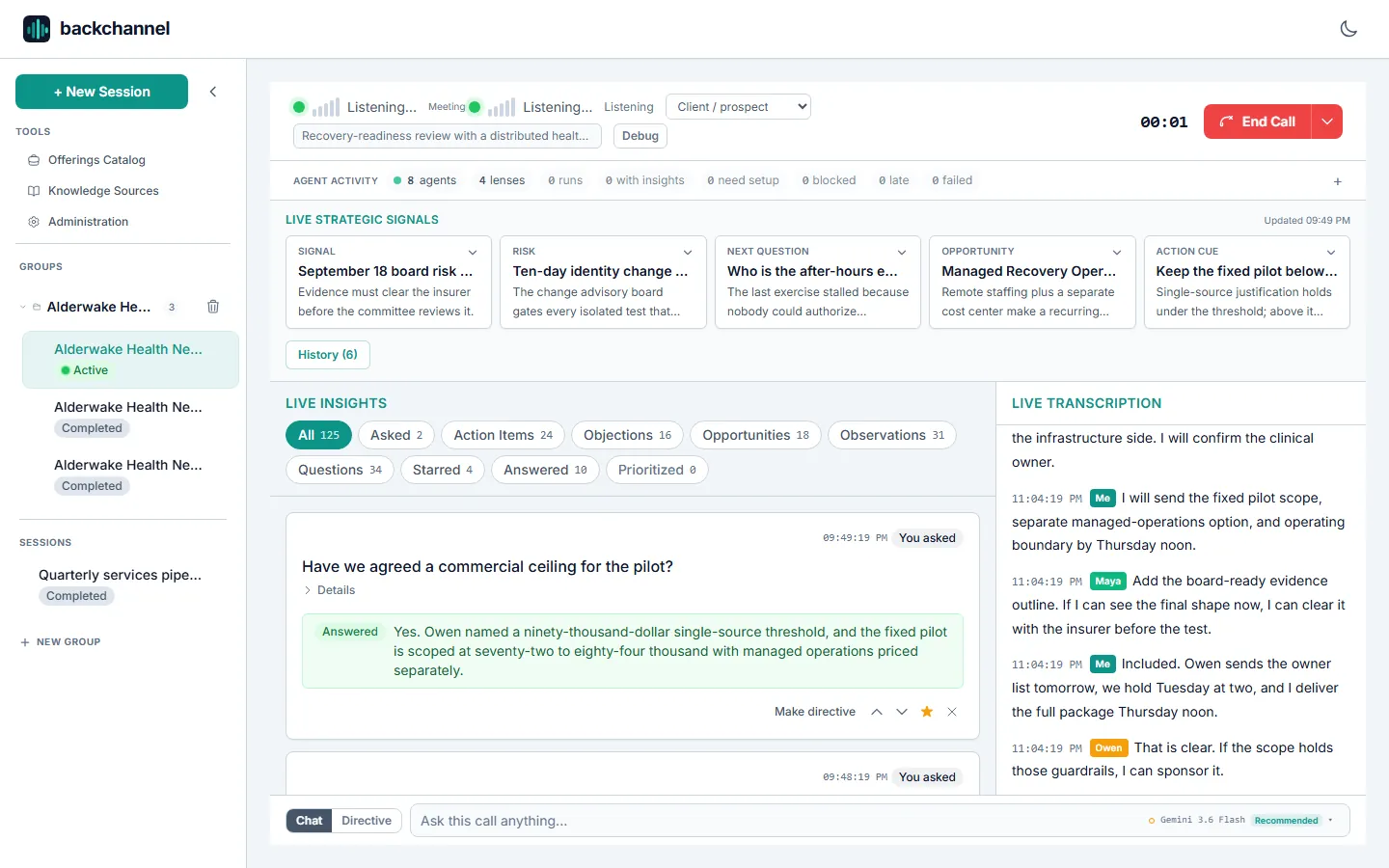 Backchannel v0.5.0 during a live call: a strategic-signal strip across the top, 125 insights with a mid-call question already answered, a speaker-attributed transcript beside it, and the ask bar along the bottom.