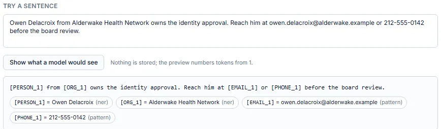 The Privacy tab's try-a-sentence box. Typed in: Owen Delacroix from Alderwake Health Network owns the identity approval, reach him at owen.delacroix@alderwake.example or 212-555-0142 before the board review. Shown as a model would receive it: [PERSON_1] from [ORG_1] owns the identity approval, reach him at [EMAIL_1] or [PHONE_1] before the board review. A legend gives each token's value and whether the on-device name model or a pattern found it.