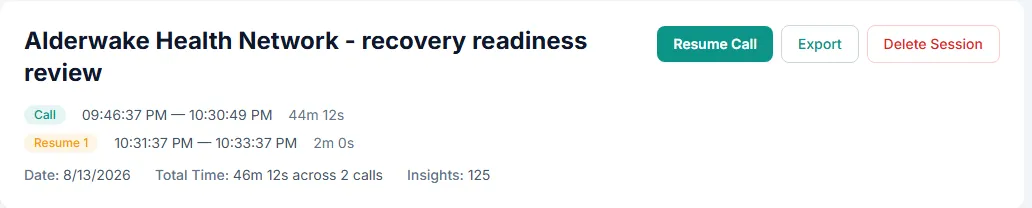 Alderwake recovery-readiness session header showing a 44-minute 12-second call and a two-minute resumed segment.