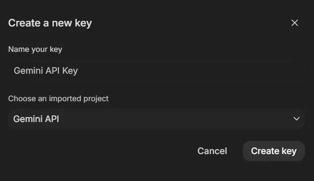 The Create a new key dialog in Google AI Studio